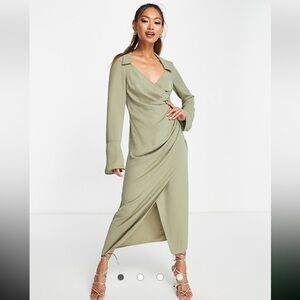 ASOS DESIGN 70s drape front wrap midi dress in khaki